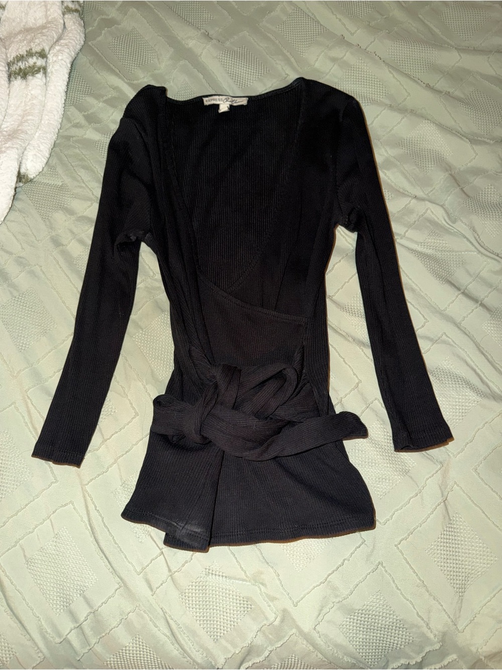 Express Black Ribbed Wrap-Front Long Sleeve Top
